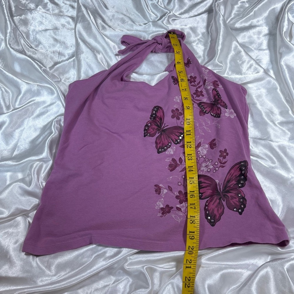 y2k Halter Top Purple Excellent Bongo Butterfly Rhinestone Graphic Tank Large - Picture 5 of 5